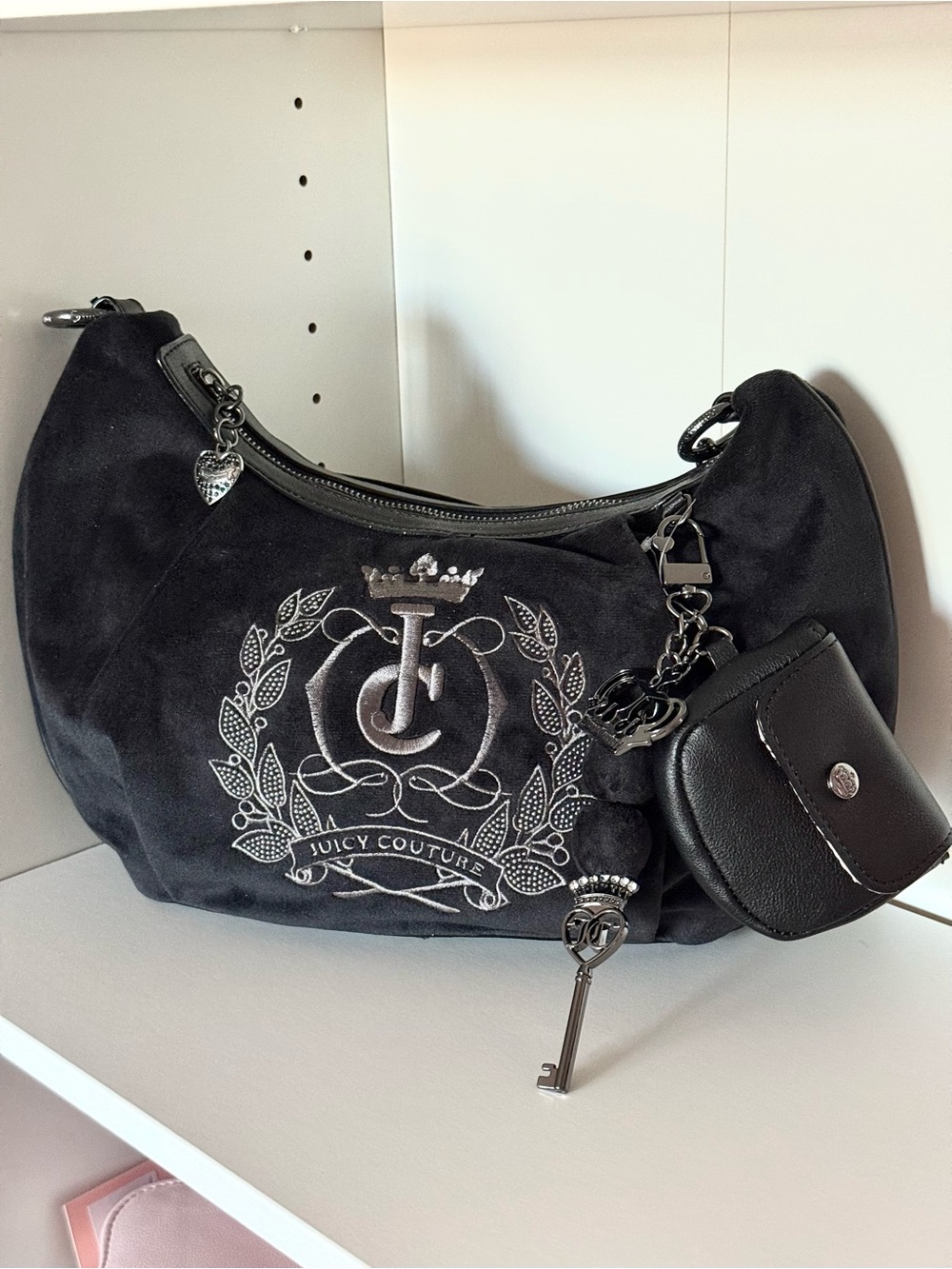 Juicy Couture “Sparkle Royal” Black Velvet Crest Hobo with Charm - Picture 3 of 5